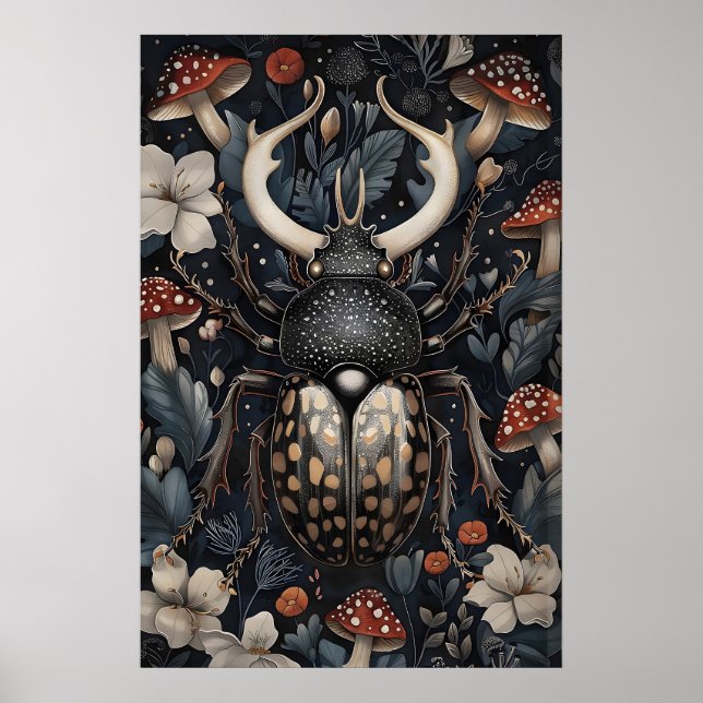 Stag Beetle Floral Print, Dark Academia Poster (Front)
