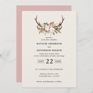 Stag blush pink floral rustic elegant modern invitation