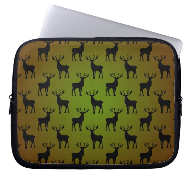 Stag Deer Pattern On Green Brown Laptop Sleeve (Front)