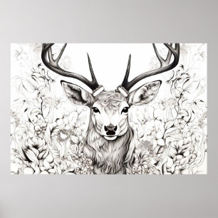 Stag Deer Peaceful Nature Prairie Sketch Drawing  Poster