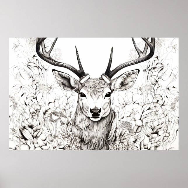 Stag Deer Peaceful Nature Prairie Sketch Drawing  Poster (Front)