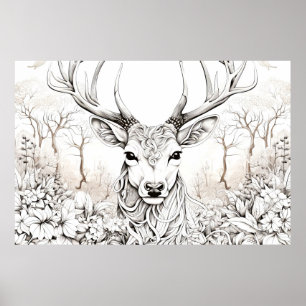 Stag Deer Peaceful Nature Prairie Sketch Drawing Poster