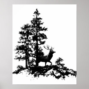 Stag Deer Tree Forest Animal Silhouette Nature Art Poster