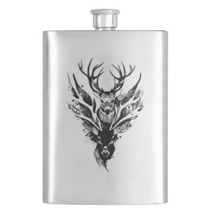 Stag Deer Wild Animal Nature Illustration Art Tatt Hip Flask
