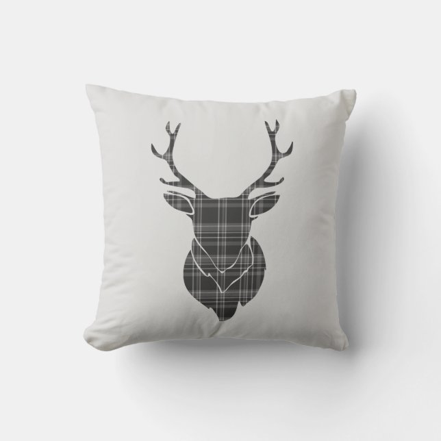 Stag Head and Grey Tartan Pattern Cushion (Front)