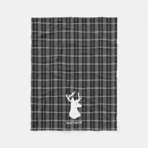 Stag Head on Black and White Plaid Fleece Blanket