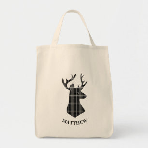 Stag Head on Black and White Plaid Tote Bag