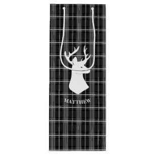 Stag Head on Black and White Plaid Wine Gift Bag