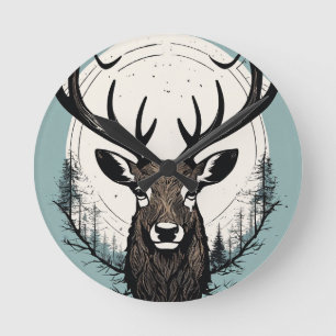 Stag Head Wilderness – Minimalist T-Shirt Vector D Round Clock