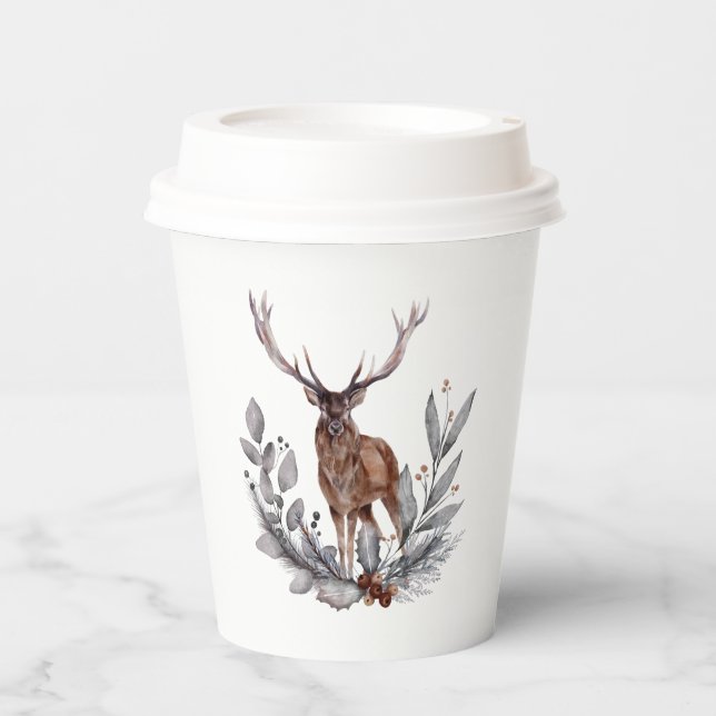 Stag Holly Berries Leaves Grunge Background Paper Cups (Front)