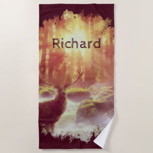 Stag in Misty Forest at Golden Sunrise Beach Towel