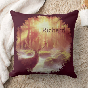 Stag in Misty Forest at Golden Sunrise Cushion