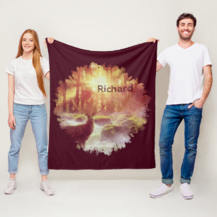Stag in Misty Forest at Golden Sunrise Fleece Blanket