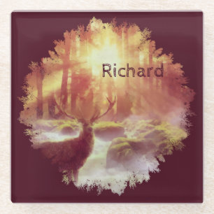Stag in Misty Forest at Golden Sunrise Glass Coaster