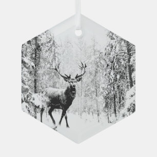 Stag in Winter Forest Wildlife Animal Nature Art Glass Tree Decoration