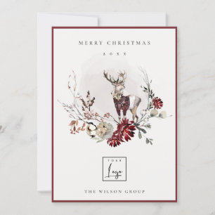 Stag Marsala Foliage Wreath Merry Christmas Logo Holiday Card