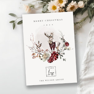 Stag Marsala Foliage Wreath Merry Christmas Logo Holiday Card