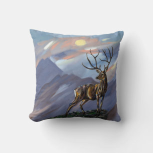 Stag on the mountain by moonlight - Abstract paint Cushion