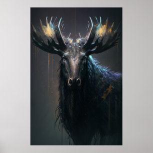 Stag Portrait Animal Nature Wildlife Dark Painting Poster