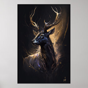 Stag Portrait Animal Nature Wildlife Dark Painting Poster