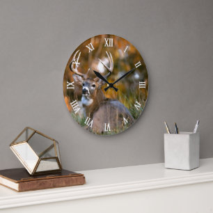 Stag Resting in Autumn Field Large Clock