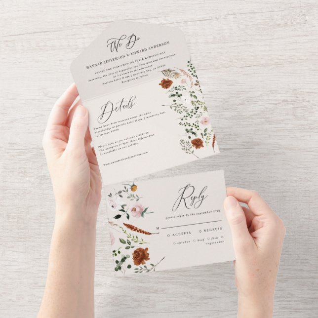 stag rust terracotta floral rustic elegant all in  one invitation (Tearaway)