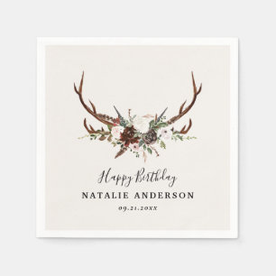 Stag rustic botanical fall barn birthday party napkin