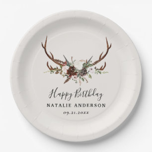 Stag rustic botanical fall barn birthday party paper plate