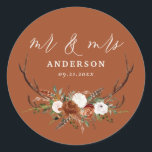 Stag rustic botanical wedding black terracotta classic round sticker<br><div class="desc">Budget rustic floral and stag antlers wedding design. With beautiful rust,  terracotta,  blush pink and sage green pampas grass eucalyptus watercolor details. This modern wedding design is sure to set the style for your big day.</div>
