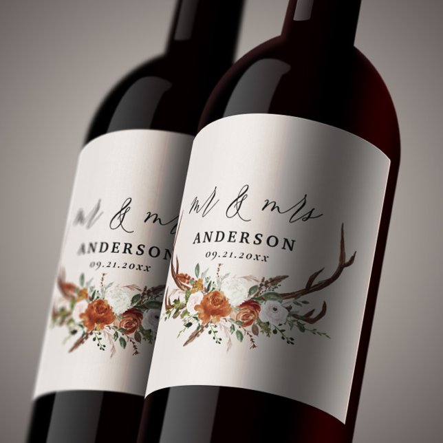 Stag rustic botanical wedding mr and mrs script  n wine label (Creator Uploaded)