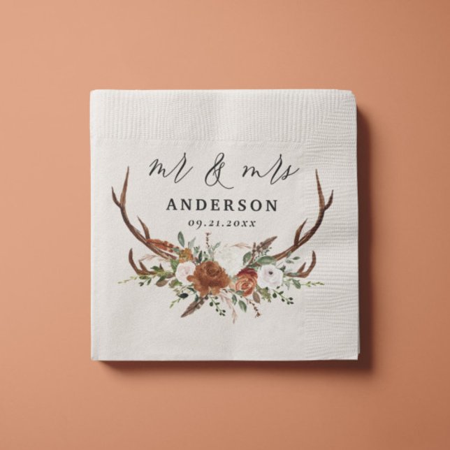 Stag rustic botanical wedding mr and mrs script napkin (Creator Uploaded)