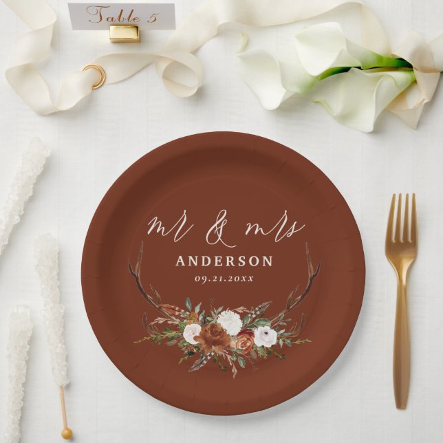 Stag rustic botanical wedding mr & mrs terracotta  paper plate (Wedding)