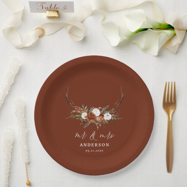Stag rustic botanical wedding mr & mrs terracotta paper plate (Wedding)