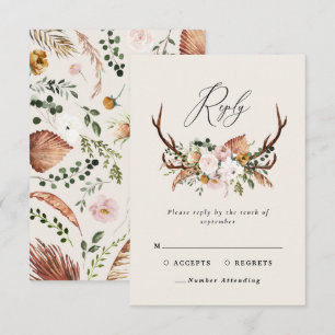 Stag terracotta pink floral rustic elegant wedding RSVP card