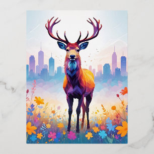 Stag Vintage Animal Nature Forest Flowers Art Foil Holiday Postcard