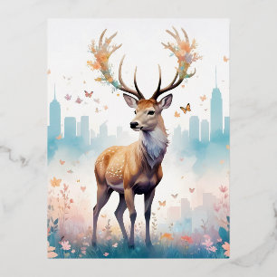 Stag Vintage Animal Nature Forest Flowers Art Foil Holiday Postcard