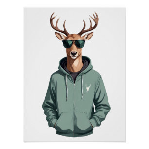 Stag Wearing Hoodie Funny Cool Animal Character Poster