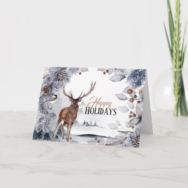 Stag winter pine cone forest landscape watercolor card (Front)
