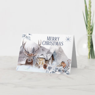 Stag winter snow forest log cabin robin bird card