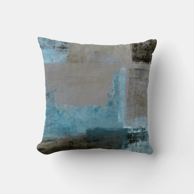 'Staged' Teal and Brown Abstract Art Cushion (Front)