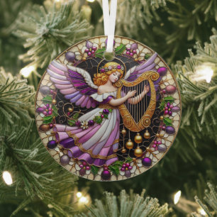 Stain Glass Angel playing a harp Tree Decoration