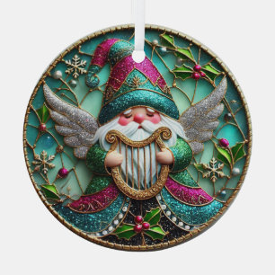 Stain Glass Christmas Angel Gnome and Harp Tree Decoration