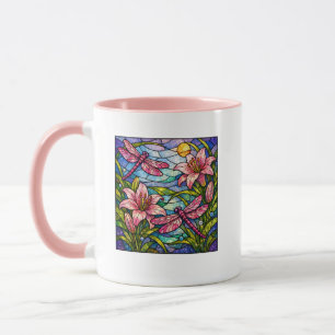 Stain Glass Lilies and Dragon Flies Pink Mug