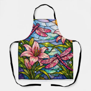 Stain Glass Lilies and Dragonflies Pink Apron