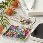 Stain Glass Lilies and Dragonflies Pink Key Ring<br><div class="desc">Stained glass style with Lilies and Dragonflies Design</div>