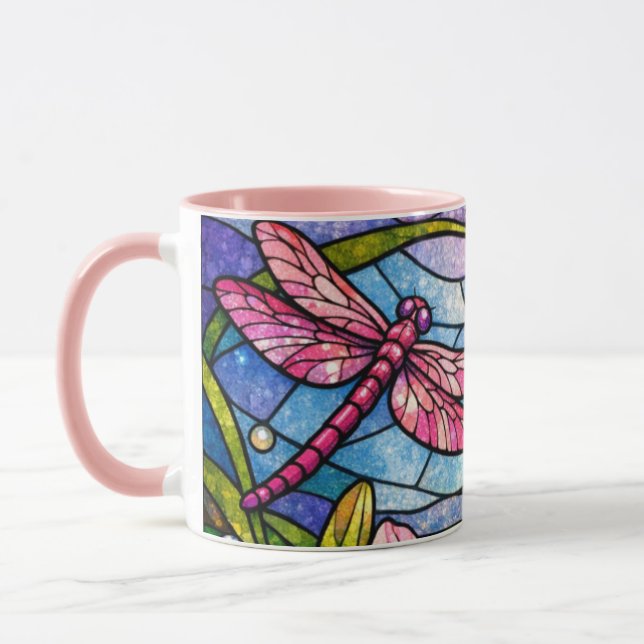 Stain Glass Lilies and Dragonflies Pink Mug (Left)
