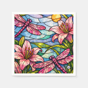 Stain Glass Lilies and Dragonflies Pink Napkin