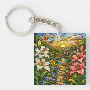 Stain Glass Lilies and Sunshine Key Ring