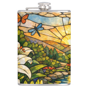 Stain Glass Lilies Butterflies Sunshine Hip Flask
