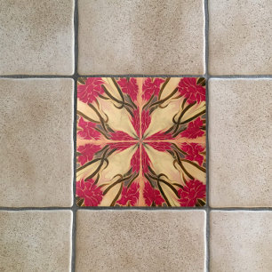 Stain Glass Look Art Nouveau Pink Floral Pattern  Ceramic Tile